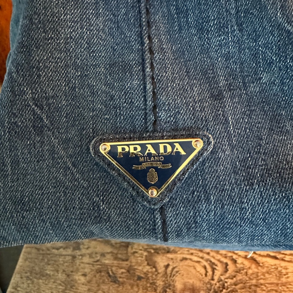 Prada Canapa Denim Tote Bag in Dark Blue with Logo - Picture 8 of 14
